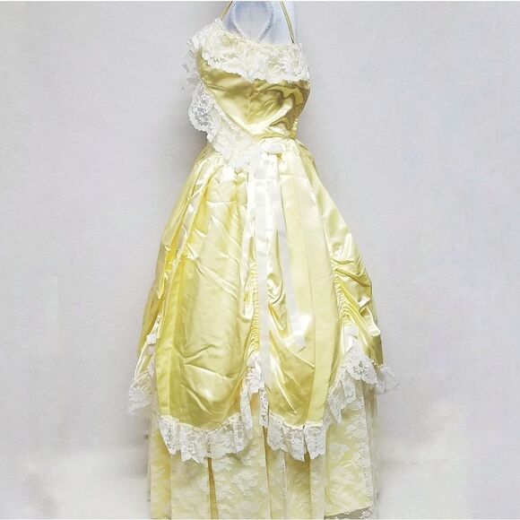 1950s Vintage Yellow Ruffle Satin Lace Bow Full Skirt Maxi Antebellum Dress S - Picture 6 of 10